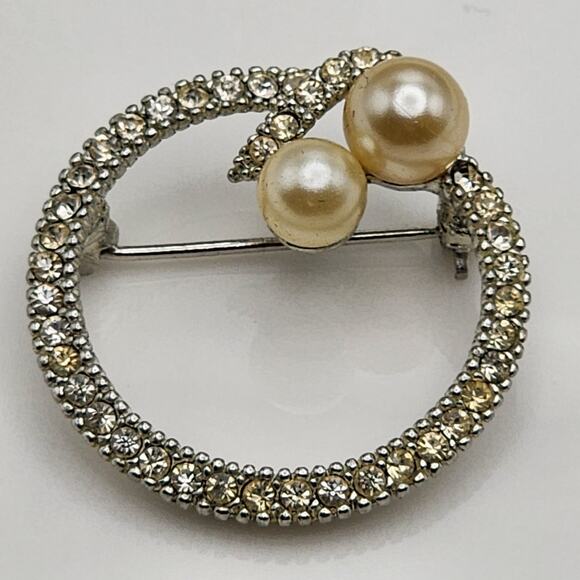 Vintage 1950s Cubic Zirconia & Pearl Brooch Pin - Picture 1 of 4